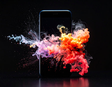 Mobile phone with colorful ink splashes isolated on black background. Copy space.の素材