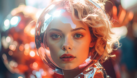 beautiful girl with blond curly hair in the form of a balloonの素材