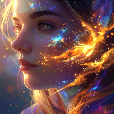 Fantasy portrait of a beautiful girl with glowing face and long hair.の素材
