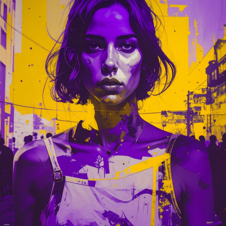 Beautiful girl with painted face on urban background. Modern art.の素材