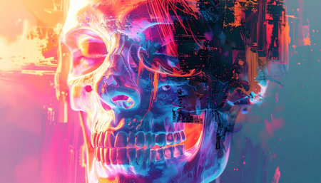 Skull in neon light. Abstract background. 3d rendering.の素材