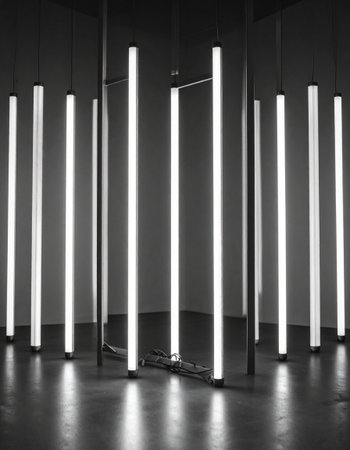 Abstract black and white interior with neon lamps in a dark room.の素材