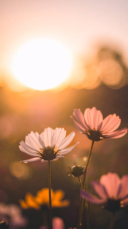 Cosmos flowers with the sunset background,vintage color tone.の素材