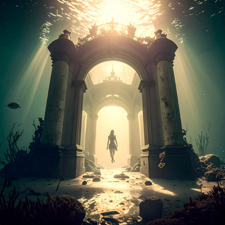Fantasy scene. A woman in a white dress is standing near the entrance to the underwater world.の素材