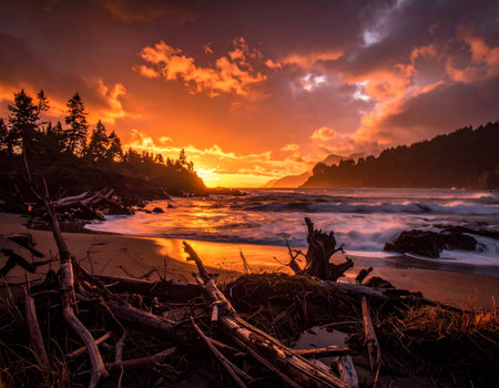 Sunset on the Pacific Ocean in Washington State. Long exposure.の素材