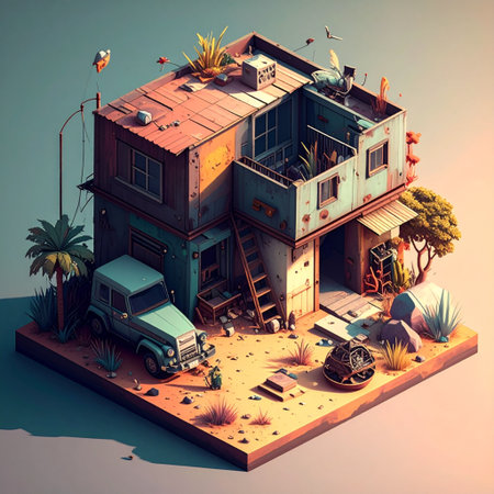 3d illustration of a house in the desert. 3d renderingの素材