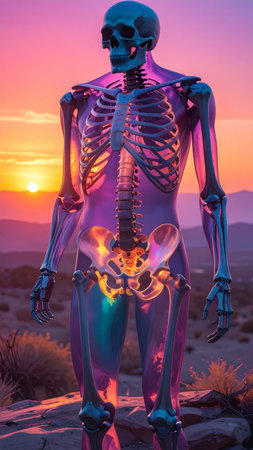Skeleton in the desert at sunset. Halloween concept. 3D Renderingの素材