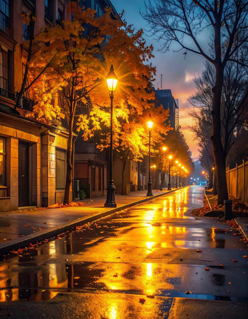 Autumn in Paris, France. Beautiful street of Paris at night.の素材