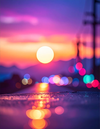 Colorful bokeh light on the road at sunset background.の素材