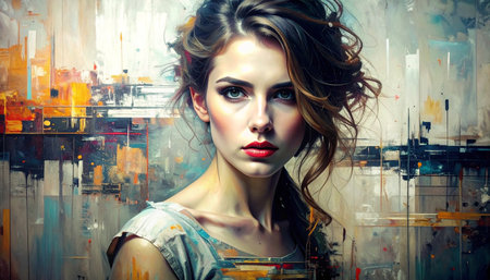 Portrait of a beautiful young woman with bright make-up and hairstyle.の素材