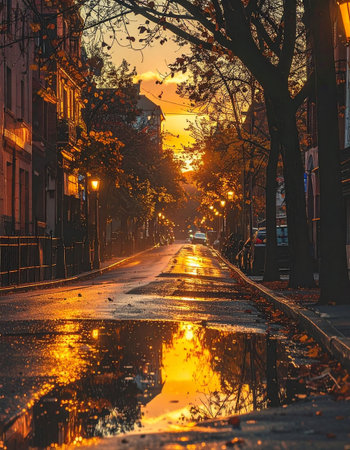 Street in the center of the city at sunset with reflection in waterの素材