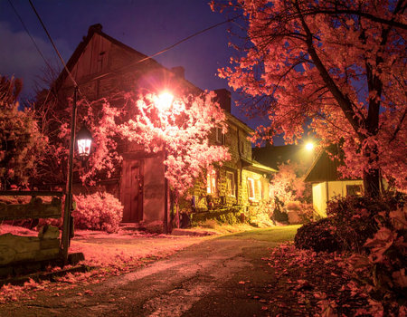 Old house at night in the city. Autumn in the village.の素材