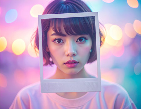Portrait of beautiful asian woman with photo frame on bokeh backgroundの素材