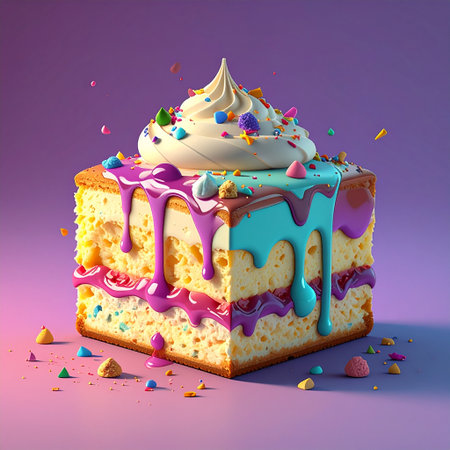 Birthday cake with cream and sprinkles. 3d illustration.の素材