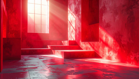 3d render, red stairs in an empty room with light raysの素材