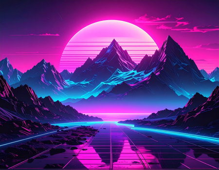 Fantasy landscape with mountains and road. Vector illustration in neon styleの素材