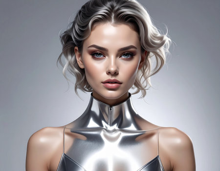 Fashion portrait of young beautiful woman with silver futuristic costume. 3D renderingの素材