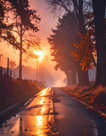 Autumn landscape with road and trees in the fog at sunrise.の素材