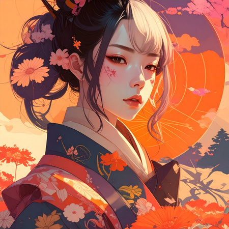 Illustration of japanese geisha girl in kimonoの素材