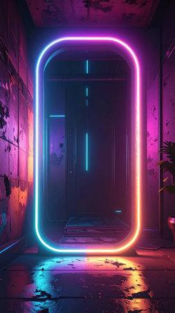 Futuristic neon door in a dark room. 3d renderingの素材