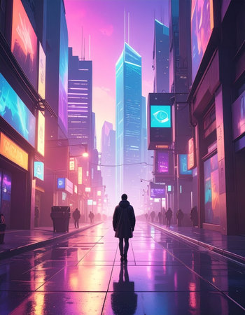 Man walking in the city at night with neon lights. 3D renderingの素材
