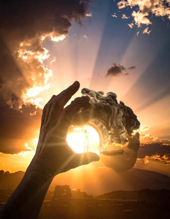 sunset and clouds in the sky with a hand holding a globeの素材