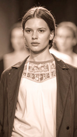 Fashion model wearing clothes designed by Robert Sever on the Zagreb Fashion Week show in Zagreb, Croatia.の素材