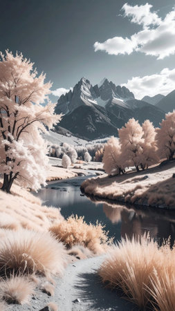 Fantastic winter landscape with snow-capped mountains and lakeの素材
