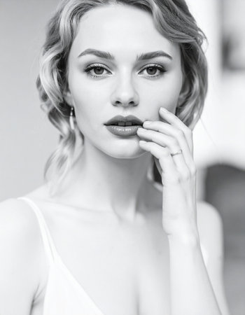 Black and white portrait of young beautiful woman with makeup and hairstyleの素材