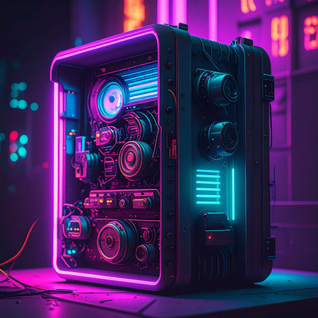 3d rendering of an old powerful audio tape recorder in neon lightの素材
