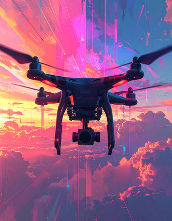 drone with digital camera flying in the clouds. 3d illustrationの素材