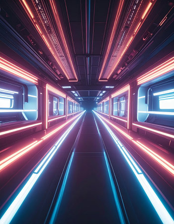 futuristic scifi tunnel corridor with glowing lights 3d renderingの素材