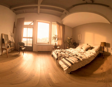 Interior of a hotel room with double bed and parquet floorの素材