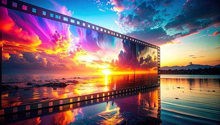 Film strip with beautiful sunset on the beach. Collage. 3d renderingの素材