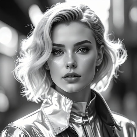 Black and white portrait of a beautiful blonde girl in a silver jacket.の素材