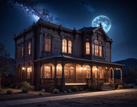Abandoned house in Arizona desert at night with full moon.の素材