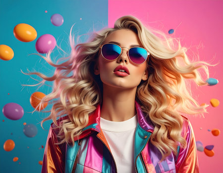 Portrait of a beautiful young woman with long blond curly hair in pink jacket and blue sunglasses on a colorful background. Beauty, fashion.の素材