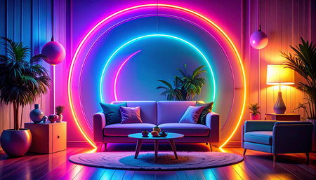 Interior of a living room with a blue sofa, a round table and a colorful neon lamp. 3D renderingの素材