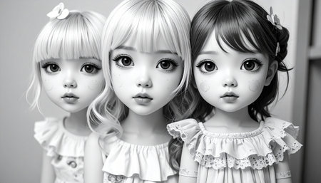 Three dolls in a row. Black and white photo. Close-up.の素材