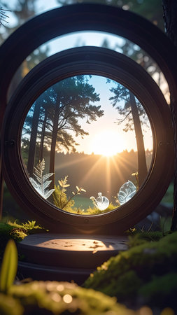 Sunset in the forest through a round mirror. The reflection of the sun in the mirror.の素材