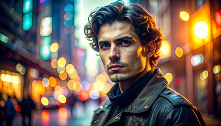 Portrait of a handsome young man in a leather jacket on the street.の素材
