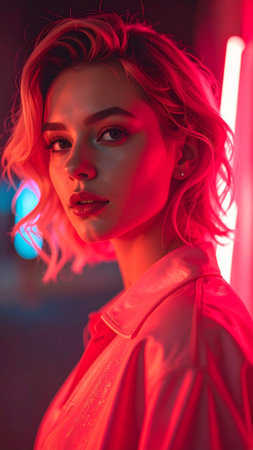 attractive young woman in red clothes looking at camera in neon lightの素材