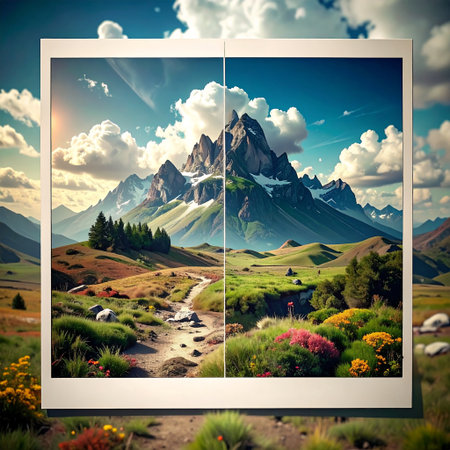 Mountain landscape. Collage of photos with mountains and sky.の素材