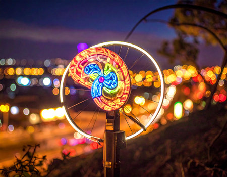 Bicycle wheel with colorful lights in the city at night time.の素材