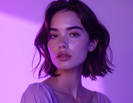 beautiful young woman with trendy makeup looking at camera isolated on purpleの素材