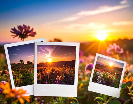 Sunset over the meadow with flowers and photos of nature.の素材