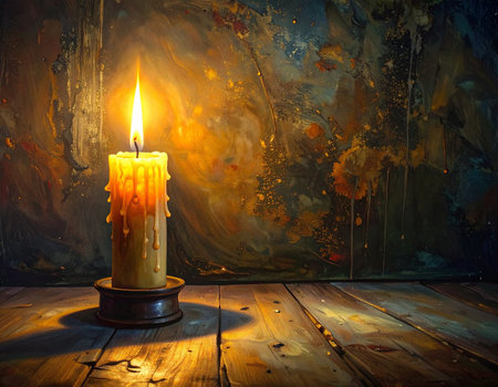 Burning candle on a wooden table. The concept of aromatherapy.の素材