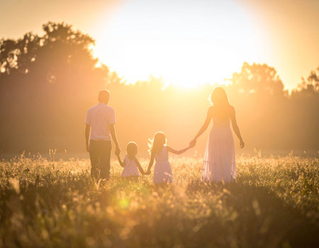 Happy family with two children on the meadow at sunset in summerの素材