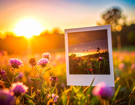 Photo frame on the flower meadow at sunset, vintage color toneの素材