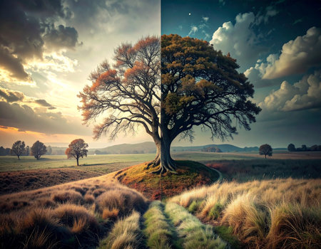 Lonely tree in the meadow at sunrise. Collage.の素材